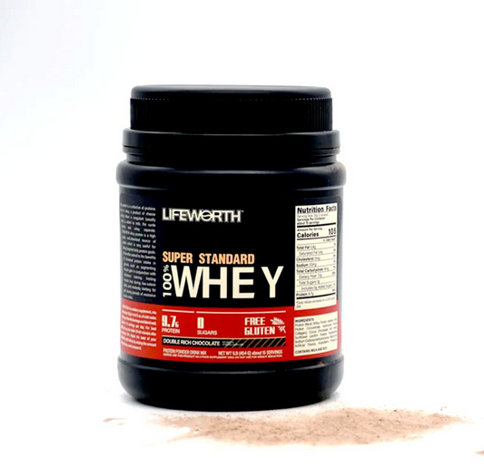 LIFEWORTH Whey Protein Powder 100% Protein Super Standard, Double Rich Chocolate. 10g Protein. 0 Sugar. Gluten Free