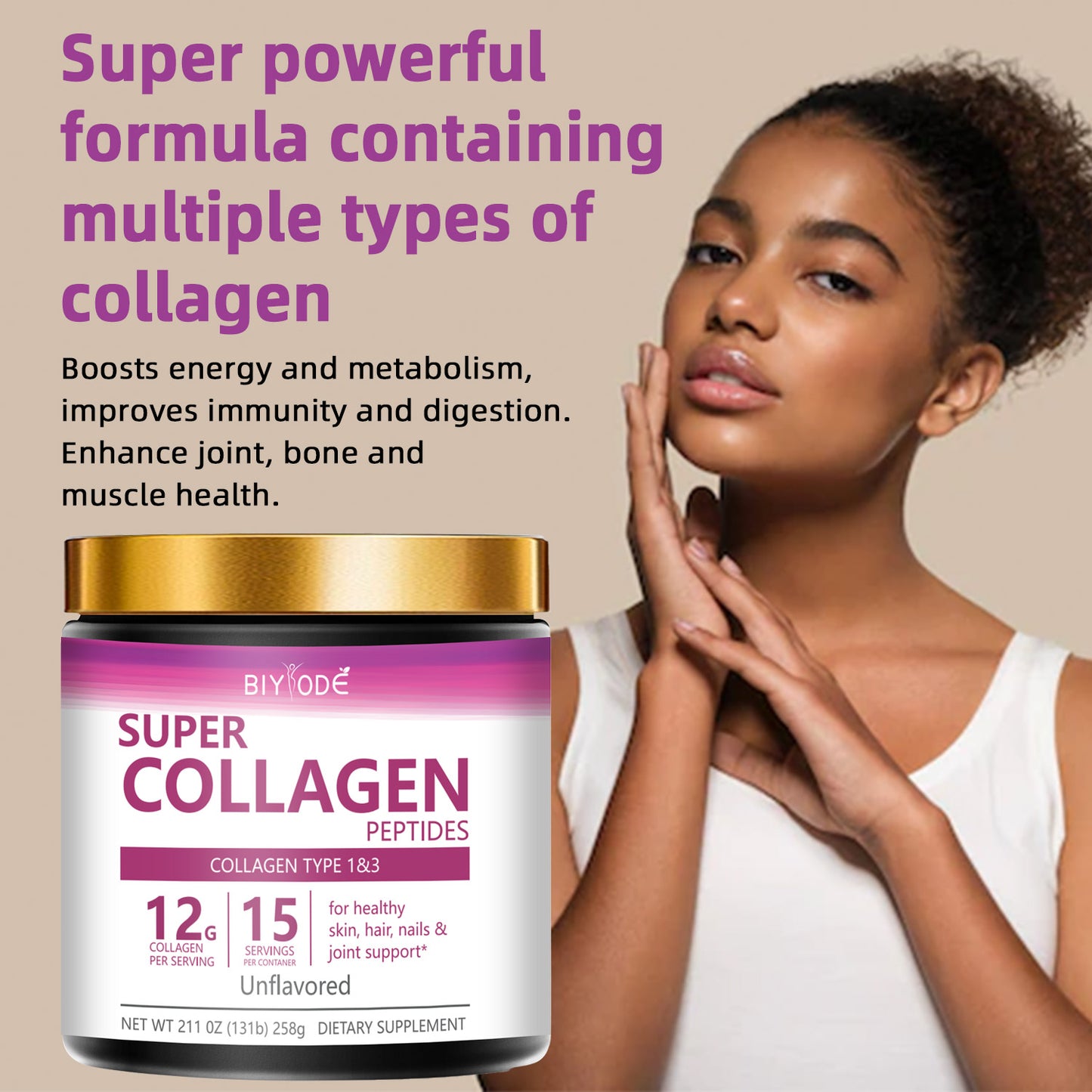 BIYODE Super Collagen, Type 1 & Type 3, 12g Collagen per serving, 15 servings per box, helps promote healthy skin, hair, nails and joints, Net Wt 211 oz (131 g) 258g Dietary Supplement