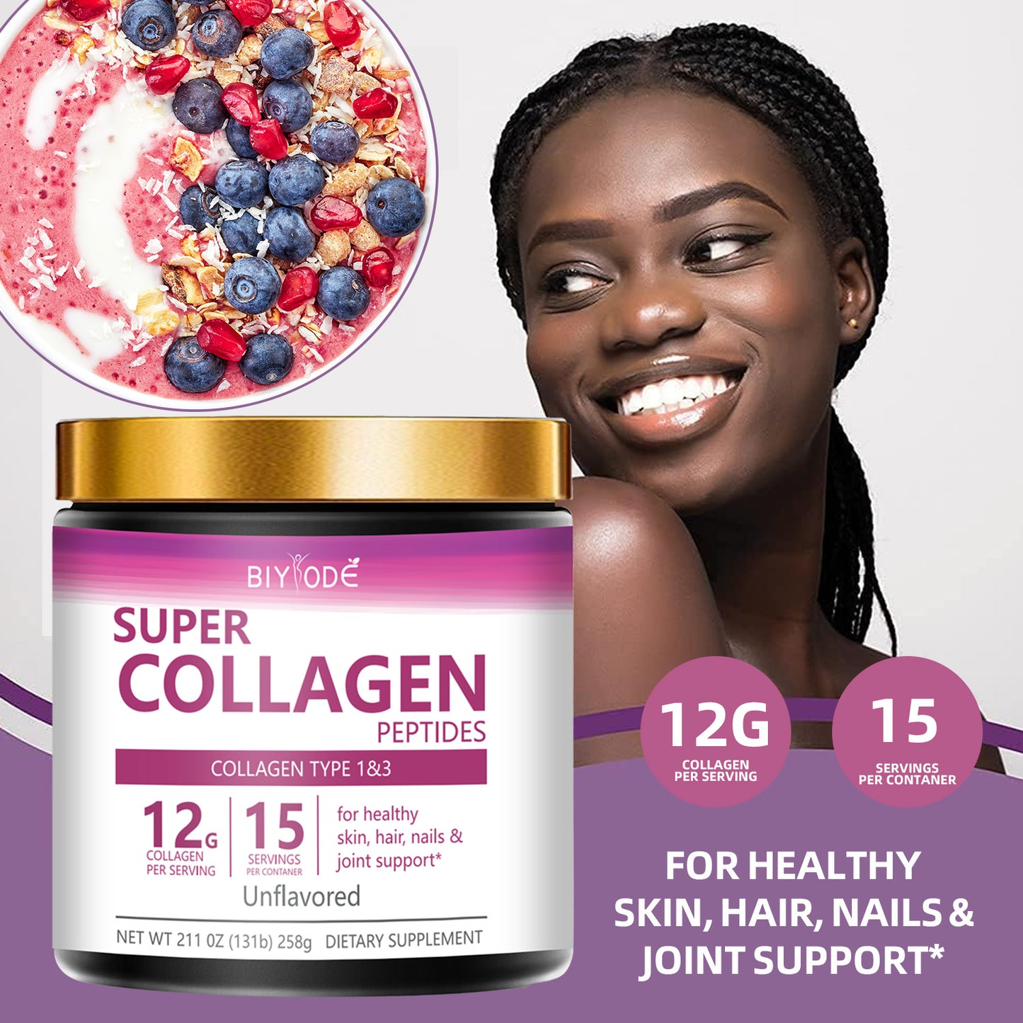 BIYODE Super Collagen, Type 1 & Type 3, 12g Collagen per serving, 15 servings per box, helps promote healthy skin, hair, nails and joints, Net Wt 211 oz (131 g) 258g Dietary Supplement