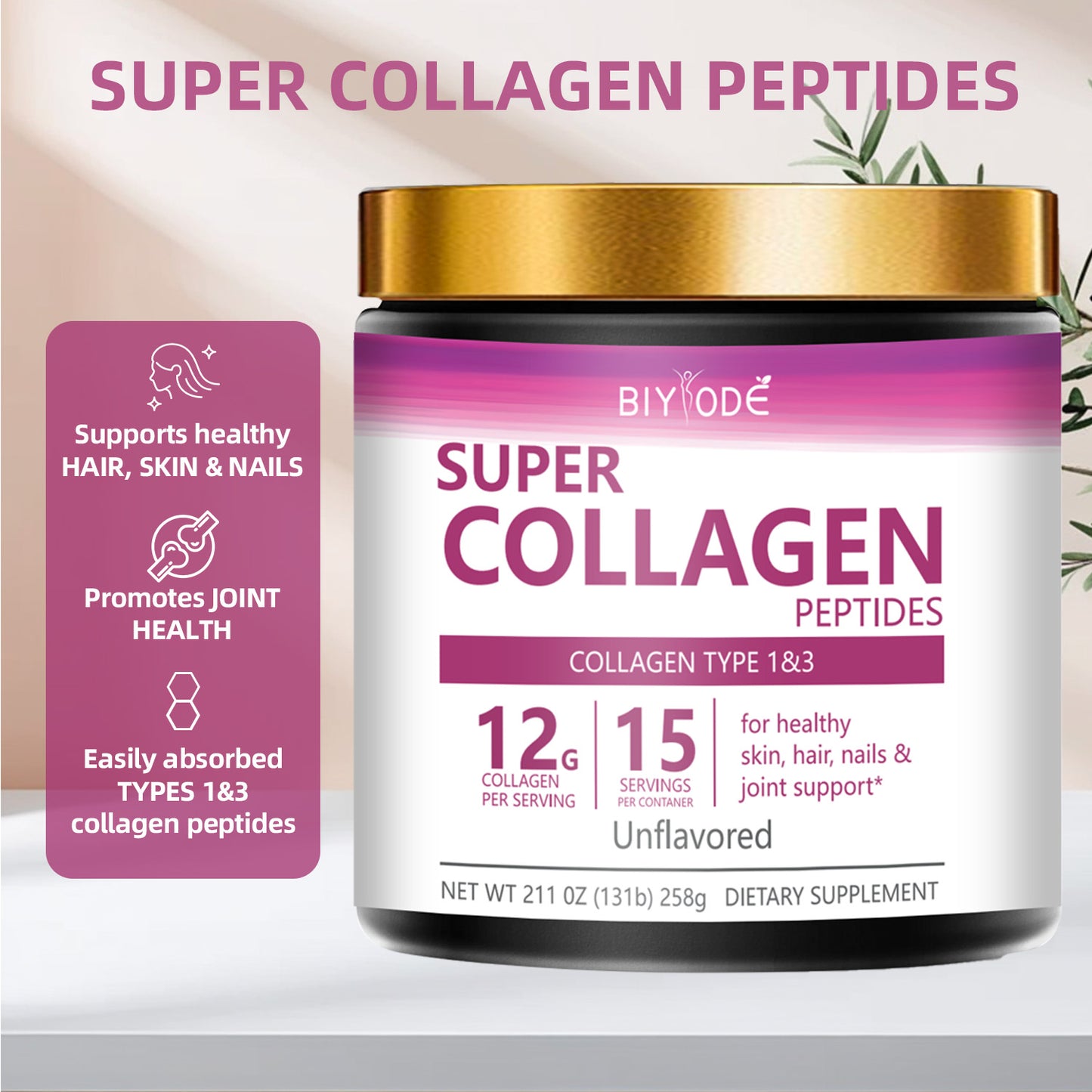 BIYODE Super Collagen, Type 1 & Type 3, 12g Collagen per serving, 15 servings per box, helps promote healthy skin, hair, nails and joints, Net Wt 211 oz (131 g) 258g Dietary Supplement