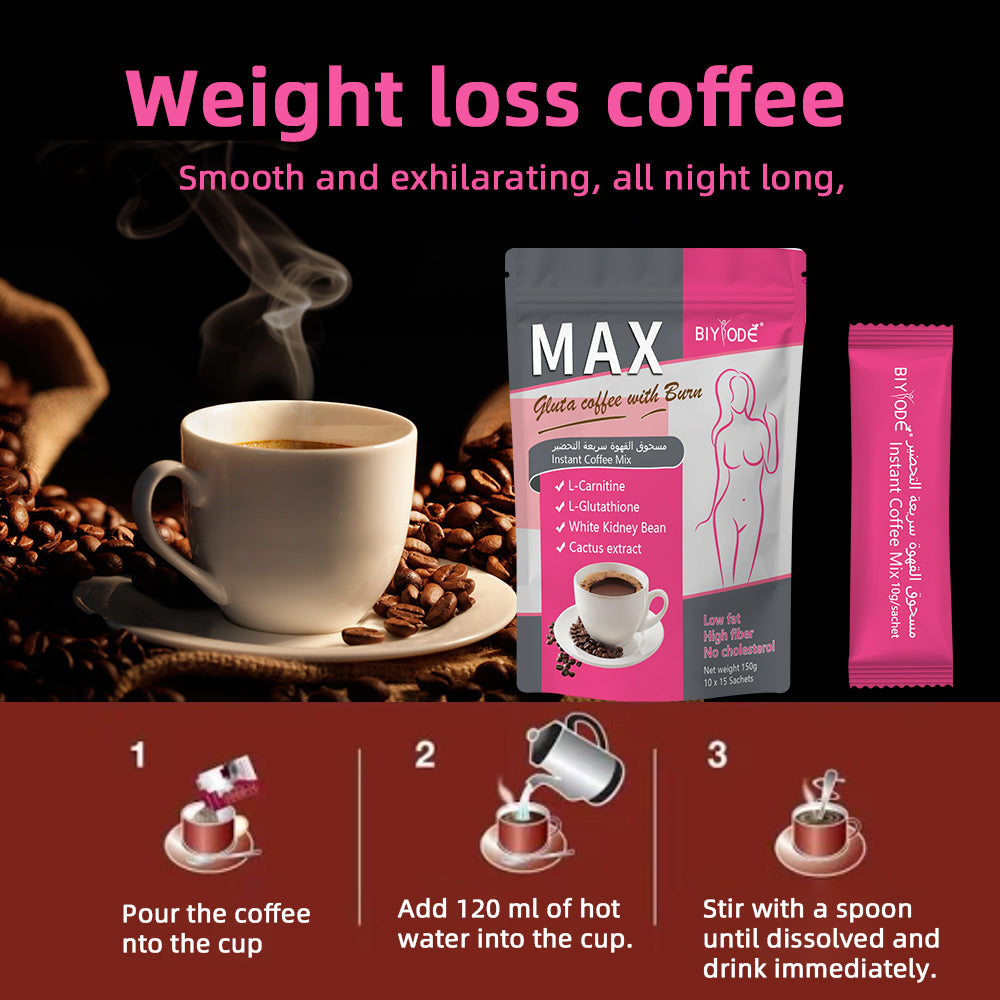 BIYODE Glutathione Coffee, Instant Coffee Mix, Multi-Organic Ingredients, L-Carnitine, Glutathione, White Kidney Bean, Cactus Extract, Low Fat, High Fiber, Cholesterol Free, Net Wt 150g 10x15 Sachets