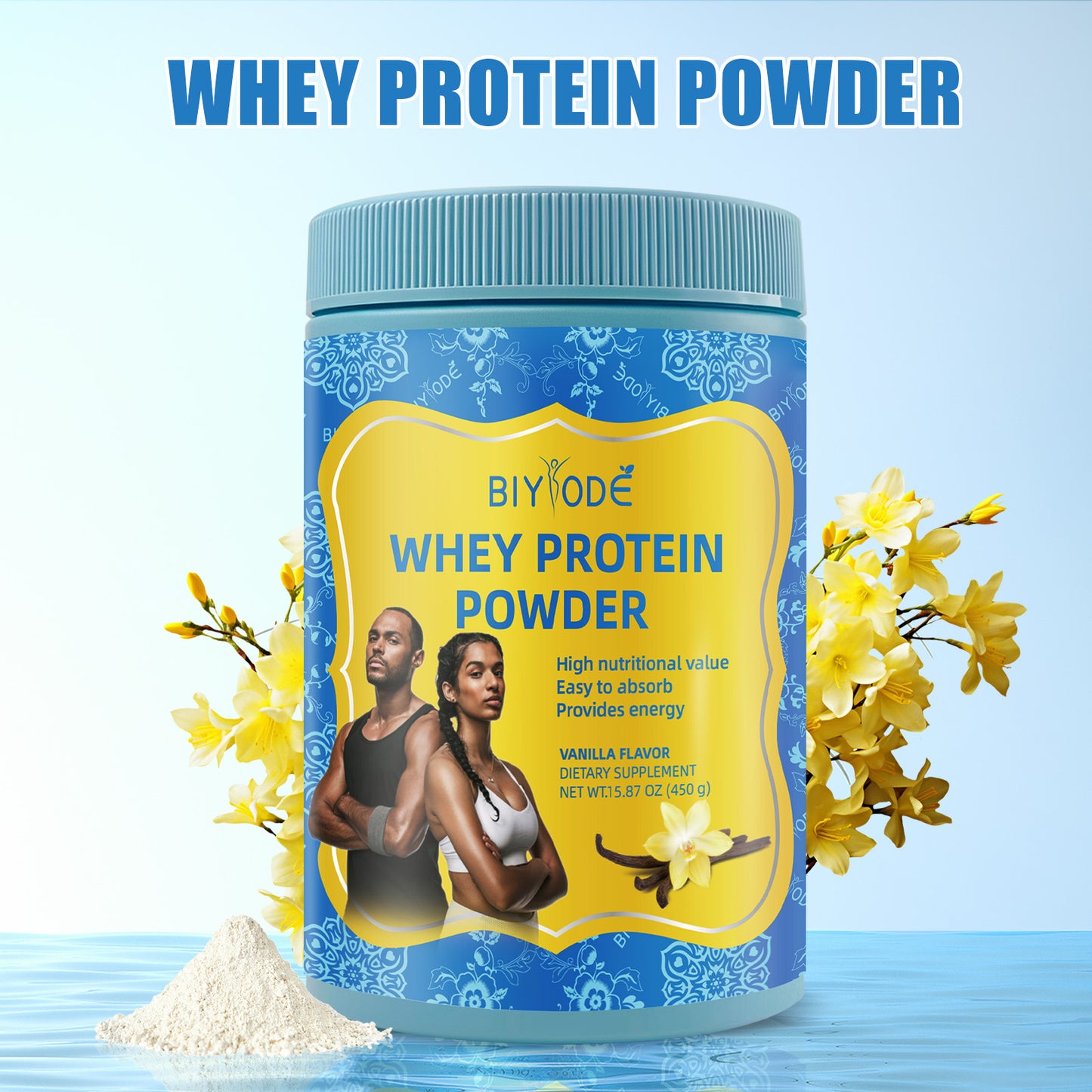 BIYODE whey protein powder, high nutritional value, easy to absorb, provides energy vanilla flavor dietary supplement, net weight 15.87 oz (450 g)