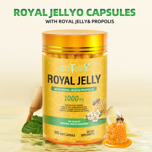 BIYODE Royal Jelly Soft Capsules, containing 1000 mg of royal jelly and propolis, help liver detoxification, promote cardiovascular health, strengthen the immune system, 100 soft capsules Brand: BIYODE