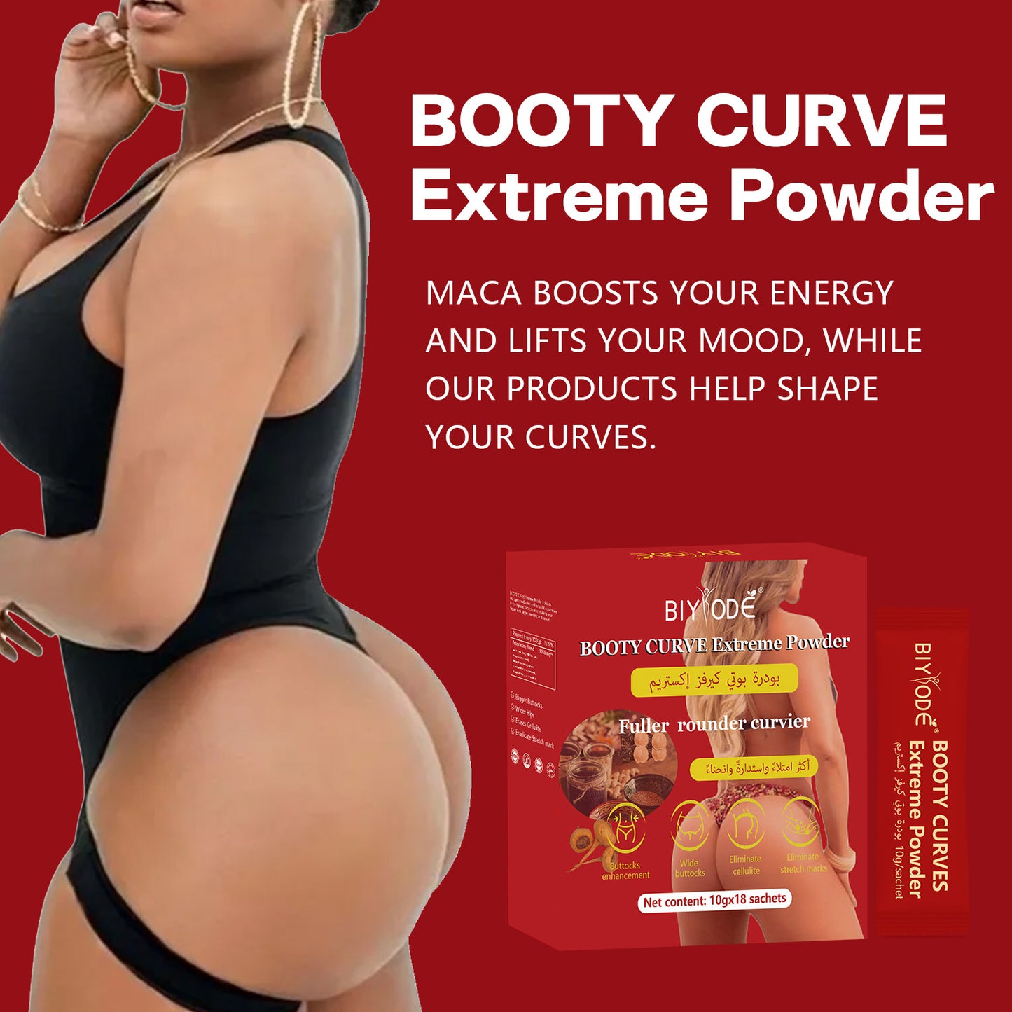 BIYODE BOOTY CURVE Ultimate Butt Shaping Powder creates a fuller, rounder, more curvaceous buttocks. It helps to enhance and slim the buttocks, reduce cellulite and stretch marks. 10g x 18 packs