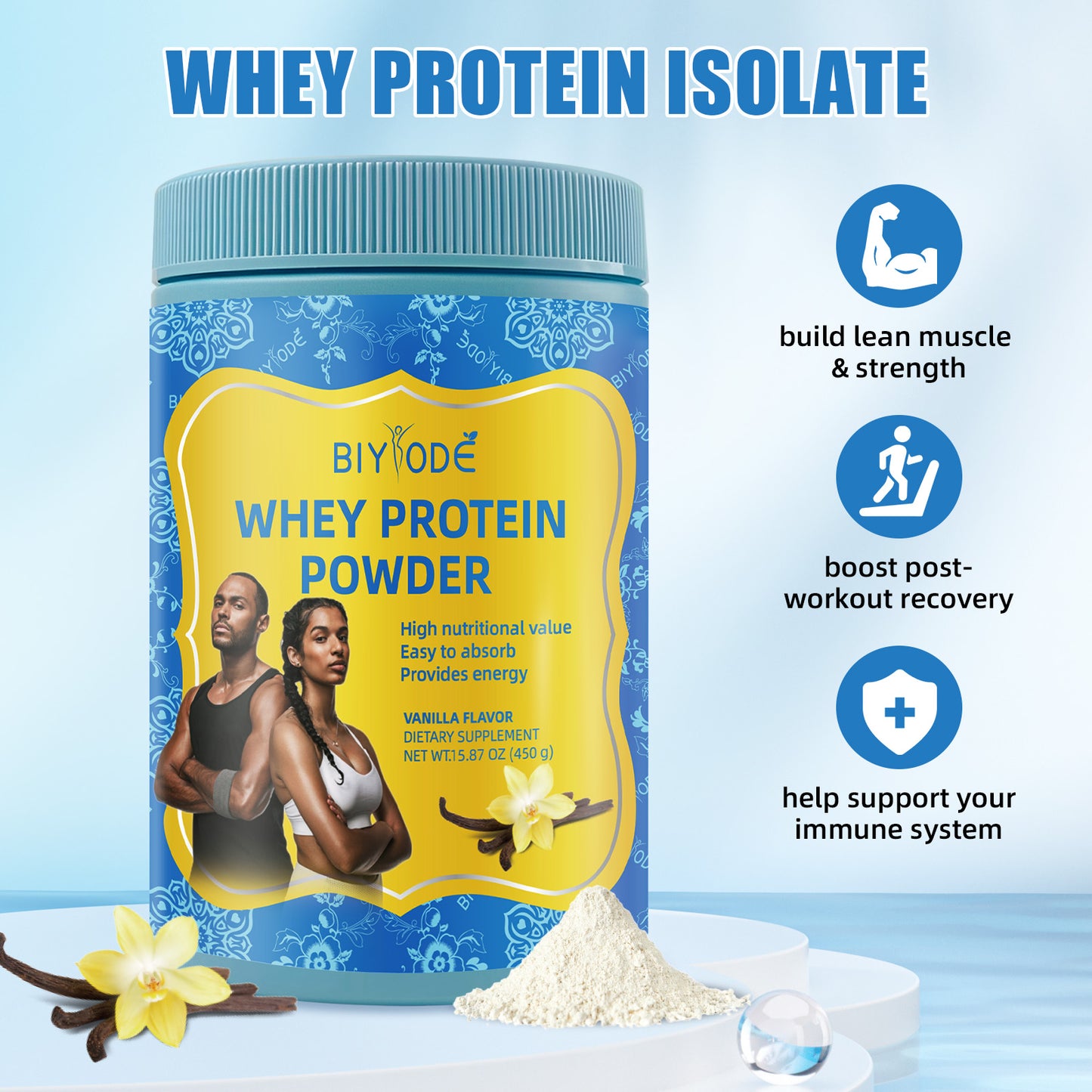 BIYODE whey protein powder, high nutritional value, easy to absorb, provides energy vanilla flavor dietary supplement, net weight 15.87 oz (450 g)