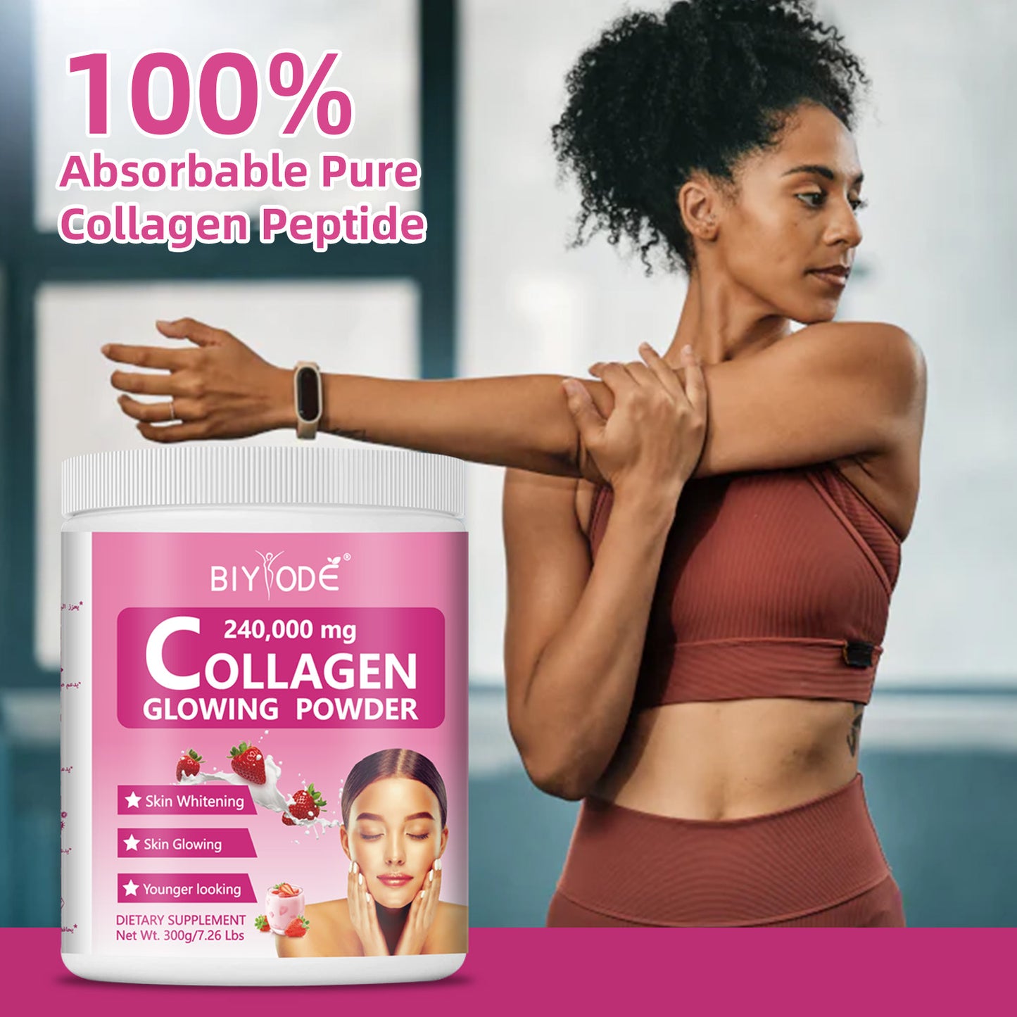 BIYODE 240,000mg Collagen Brightening Powder, Improves Skin, Hair and Nails, Whitens Skin, Glows, Dietary Supplement Net Weight 300g/7.26lbs
