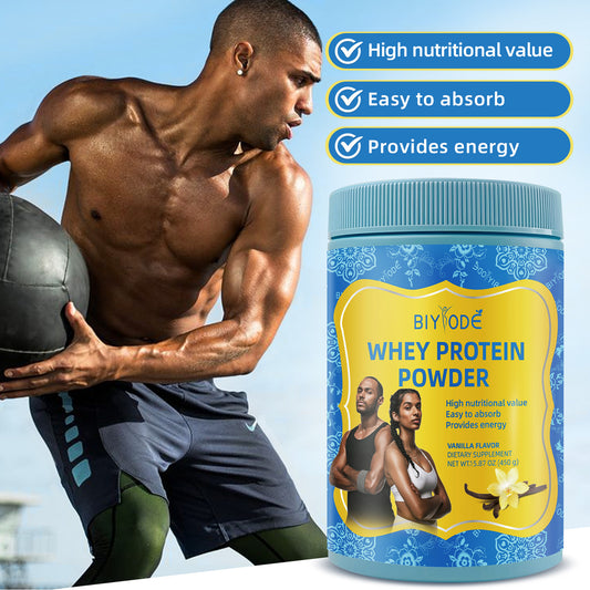BIYODE whey protein powder, high nutritional value, easy to absorb, provides energy vanilla flavor dietary supplement, net weight 15.87 oz (450 g)