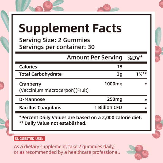 BIYODE Cranberry Gummies, Supports Urinary Tract Health, Oral Health, Bladder Health, Promotes Intestinal Health, 60 Gummies