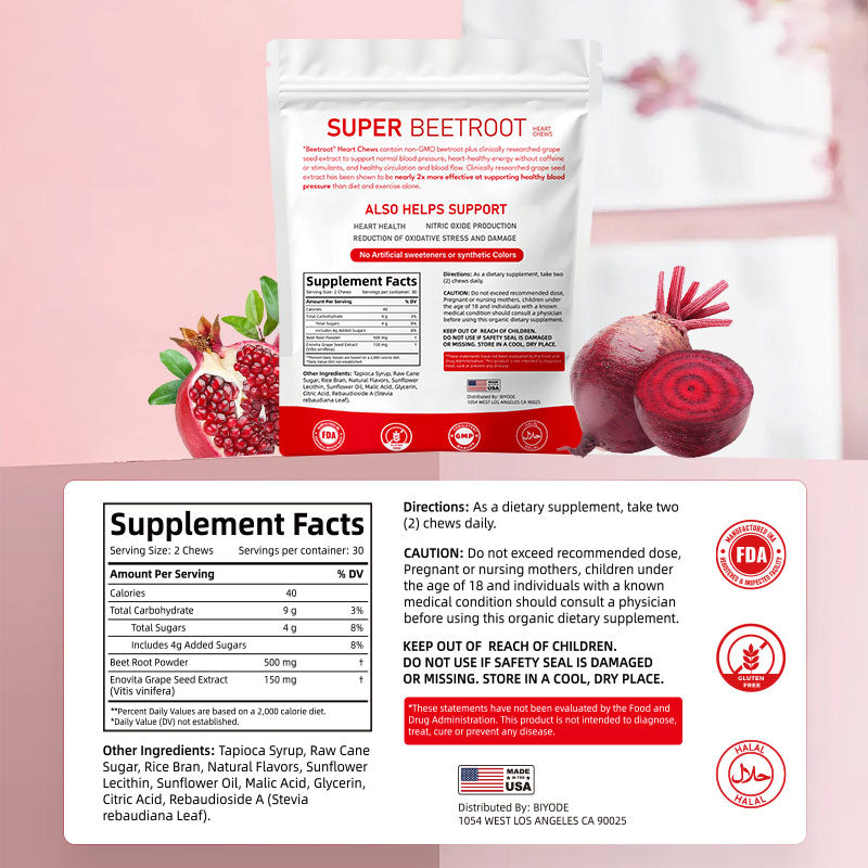 BIYODE SuperBeets Heart Chews | Grape Seed Extract and Non-GMO Beet Powder