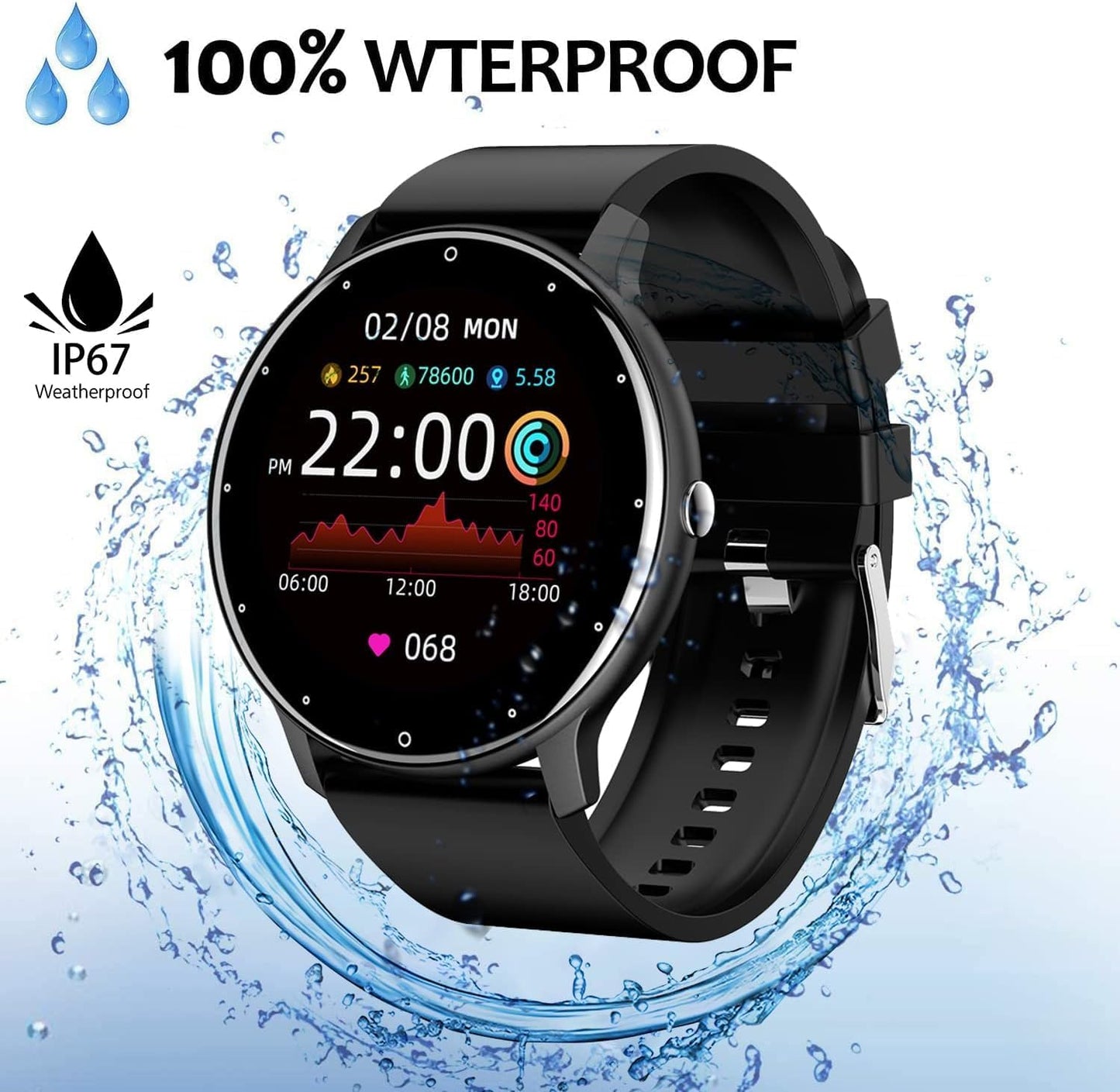 TOXIYA Smart Watch,Fitness Tracker Watche, IP67 Waterproof HD Touch Screen Smartwatch for Android/iOS Phones, 24 Sports, Activity Tracker with Sleep/Heart Rate Monitor, Pedometer, Stopwatch (Pink)