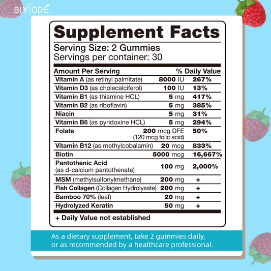 BIYODE Sugar-Free Biotin Gummies, Natural Care for Healthy Hair, Skin and Nails, 60 Gummies