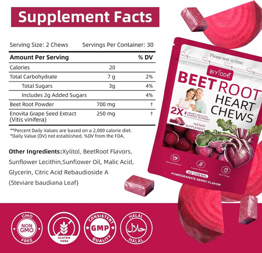 BIYODE Beet Root Chews Supplement: 700mg Beet Root Powder 250mg Grape Seed Extract Heart Healthy Support Blood Nitric Oxide Support Antioxidant Pomegranate Berry Flavor Low Sugar Non-GMO 60 Chews