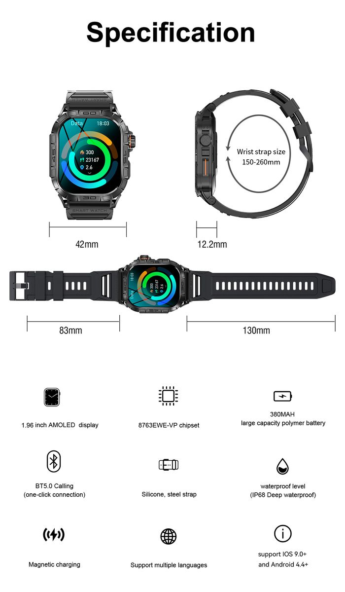 TOXIYA  Smart watch for Android iPhone Multiple Sports Modes