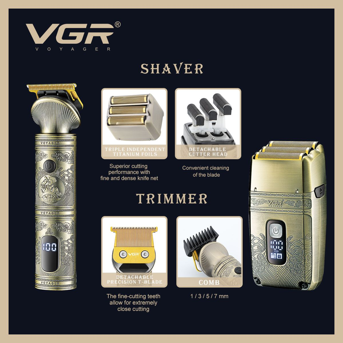 VGR Professional Hair Trimmer and Shaver Grooming Set with IPX 6 & Key Ring
