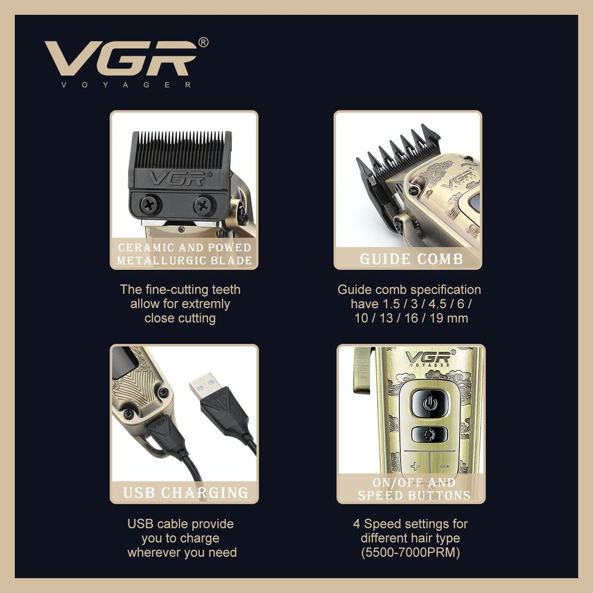 VGR Upgraded 4-Speeds Professional Hair Clipper 7000 RPM