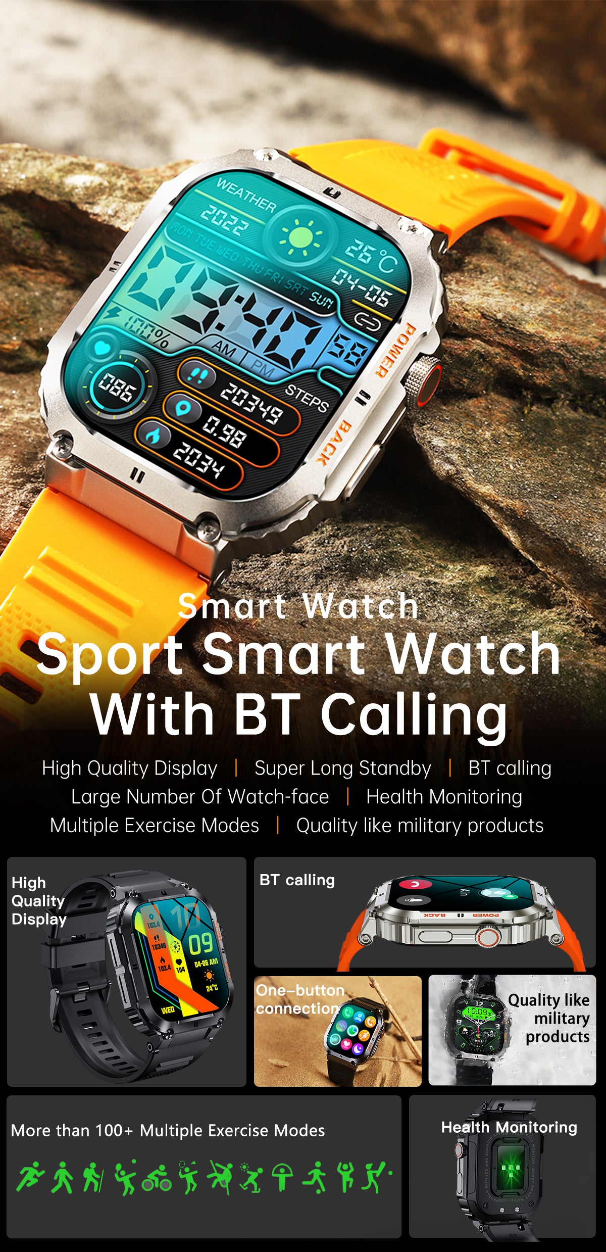 TOXIYA Rugged Military Smartwatch Android/iPhone Fitness Tracker