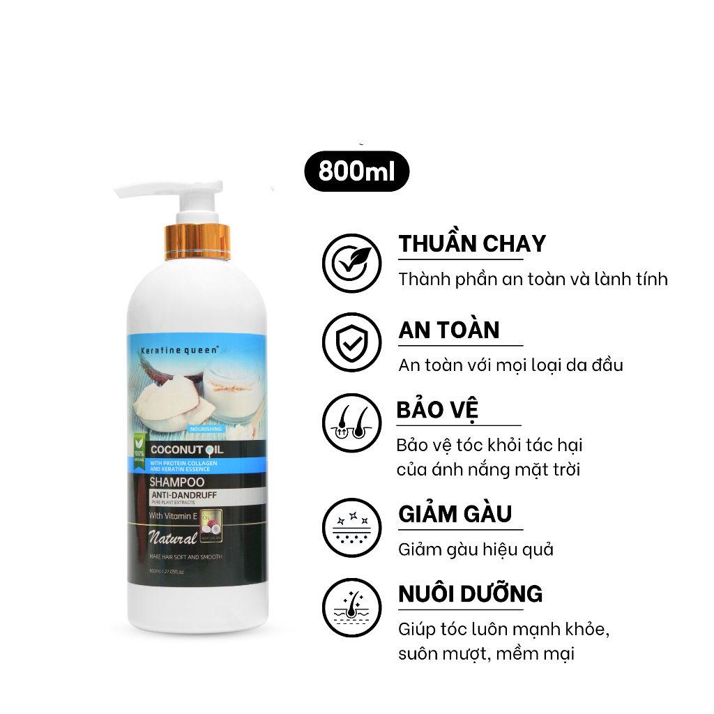 Coconut Shampoo 800ml, Anti-Dandruff with Vitamin E, Keratin Extract and Collagen