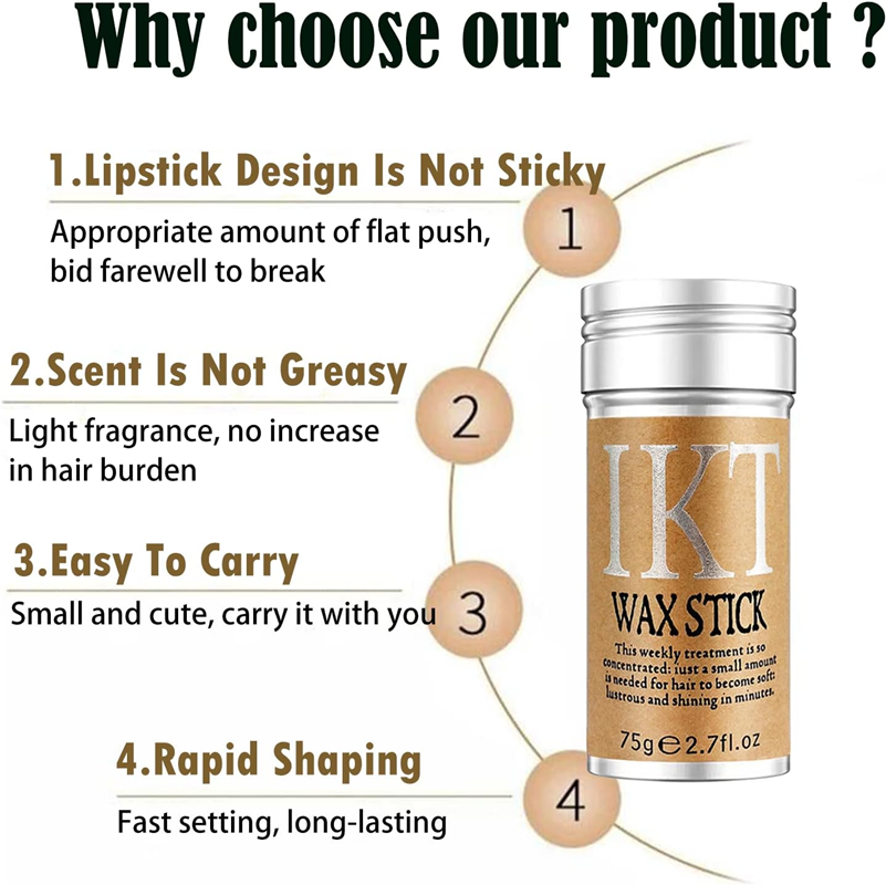 Hair Wax Stick, Wig Edge Control Stick, Non-Greasy Styling Wig Wax for Flyaways, Fringe & Frizzy Hair, 75g