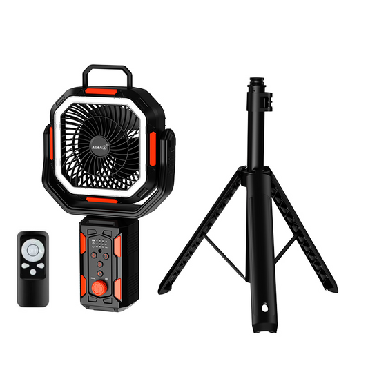 AIMAX  Multi-functional portable camping fan with LED light and adjustable tripod.