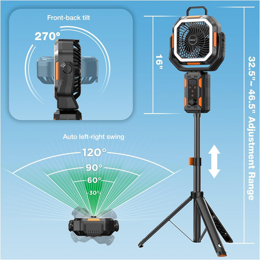 AIMAX  Multi-functional portable camping fan with LED light and adjustable tripod.