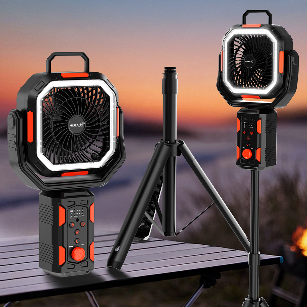 AIMAX  Multi-functional portable camping fan with LED light and adjustable tripod.