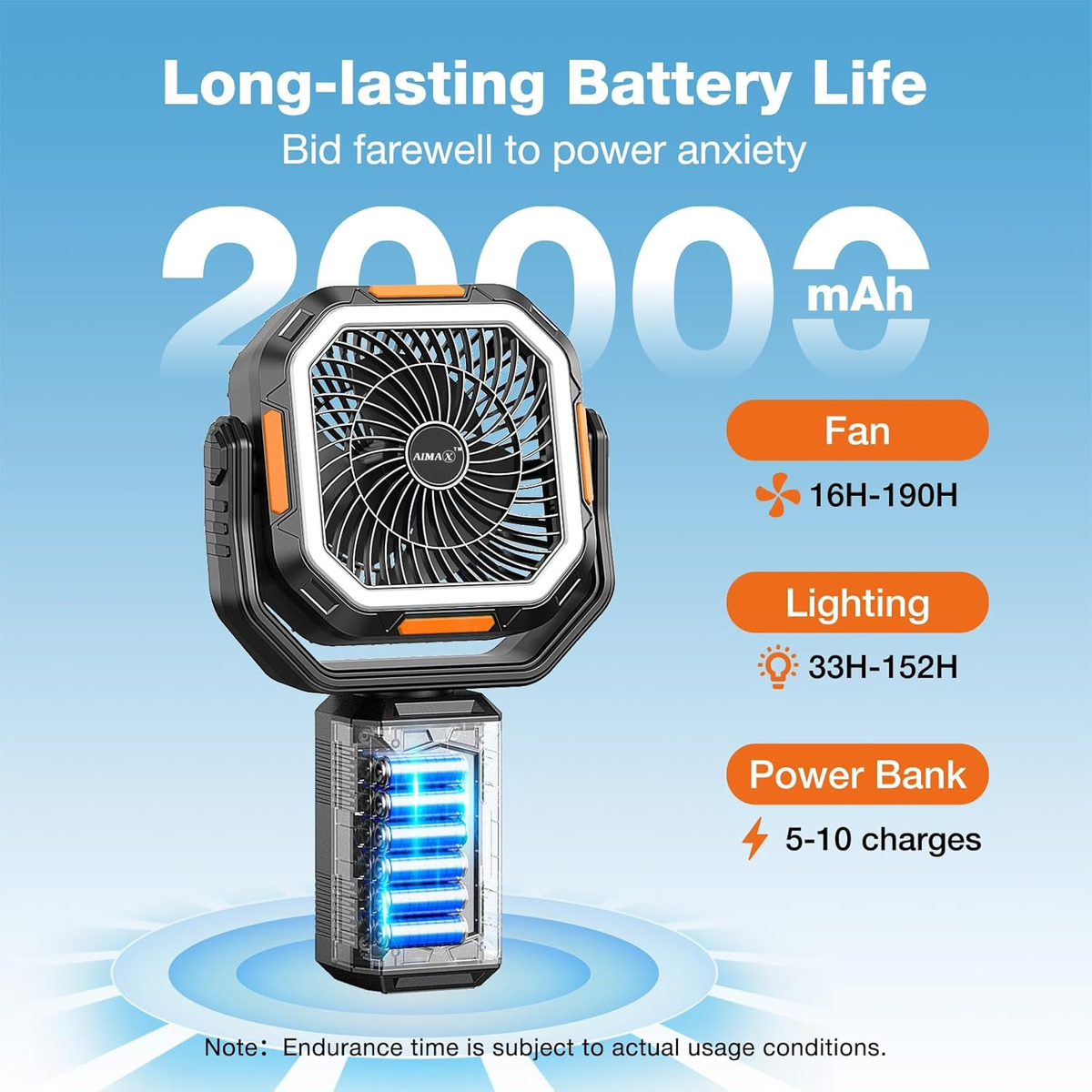 AIMAX  Multi-functional portable camping fan with LED light and adjustable tripod.