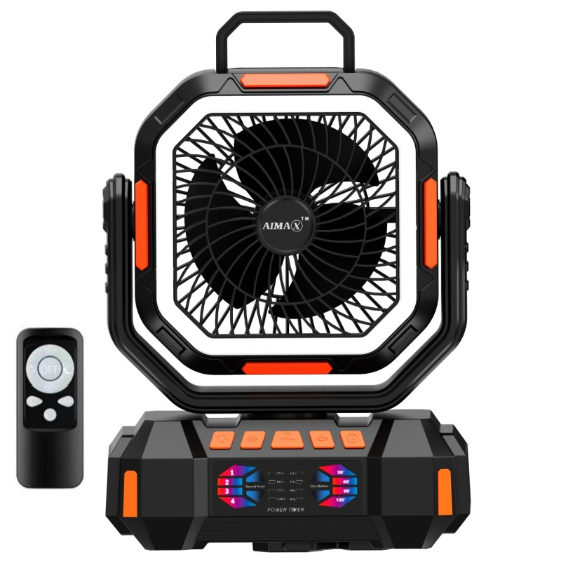 AIMAX 40000mAh high-power tower fan with LED light, 4 wind speed settings, and 360° rotation.
