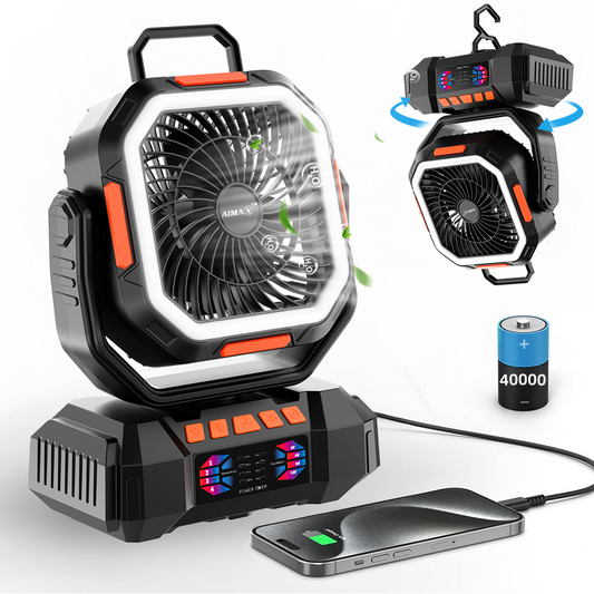 AIMAX 40000mAh high-power tower fan with LED light, 4 wind speed settings, and 360° rotation.