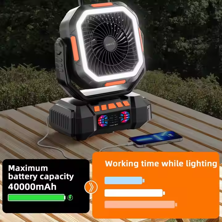 AIMAX 40000mAh high-power tower fan with LED light, 4 wind speed settings, and 360° rotation.