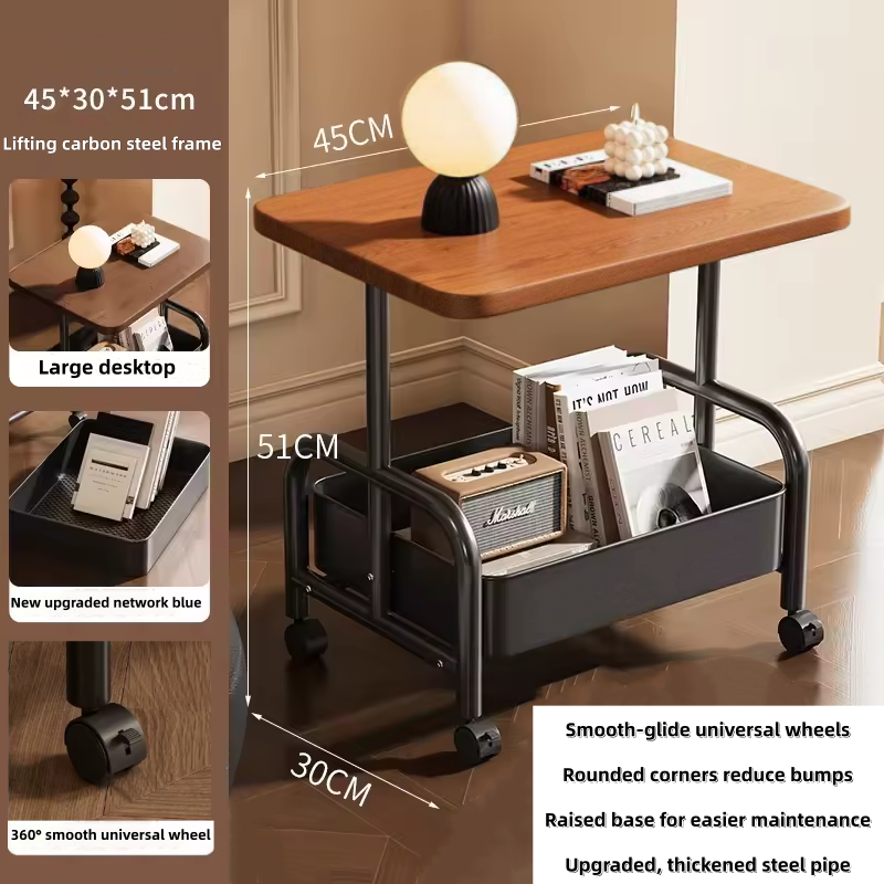 TOXIYA Multifunctional 2-Tier Roller Side Table, Metal Frame Coffee Table