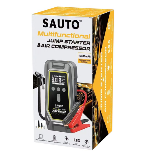 Sauto Smart Emergency Jump Starter Power Supply with Air Compressor, featuring LED light, 10400mAh capacity.