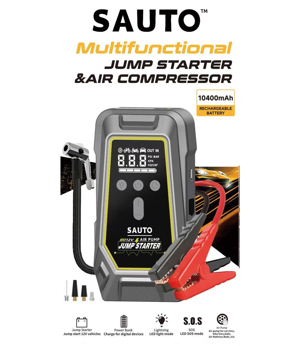 Sauto Smart Emergency Jump Starter Power Supply with Air Compressor, featuring LED light, 10400mAh capacity.