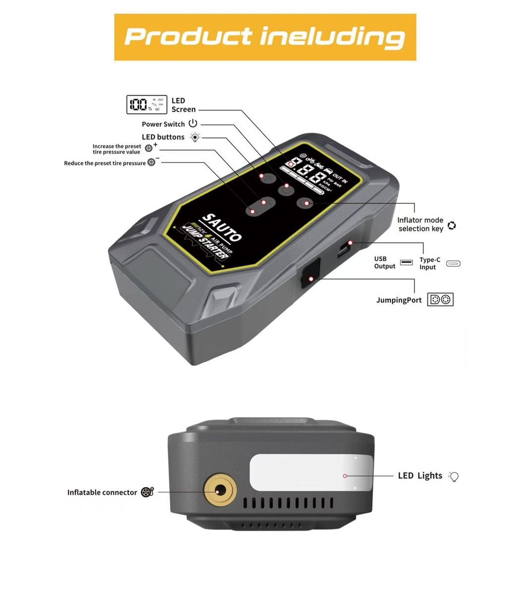 Sauto Smart Emergency Jump Starter Power Supply with Air Compressor, featuring LED light, 10400mAh capacity.