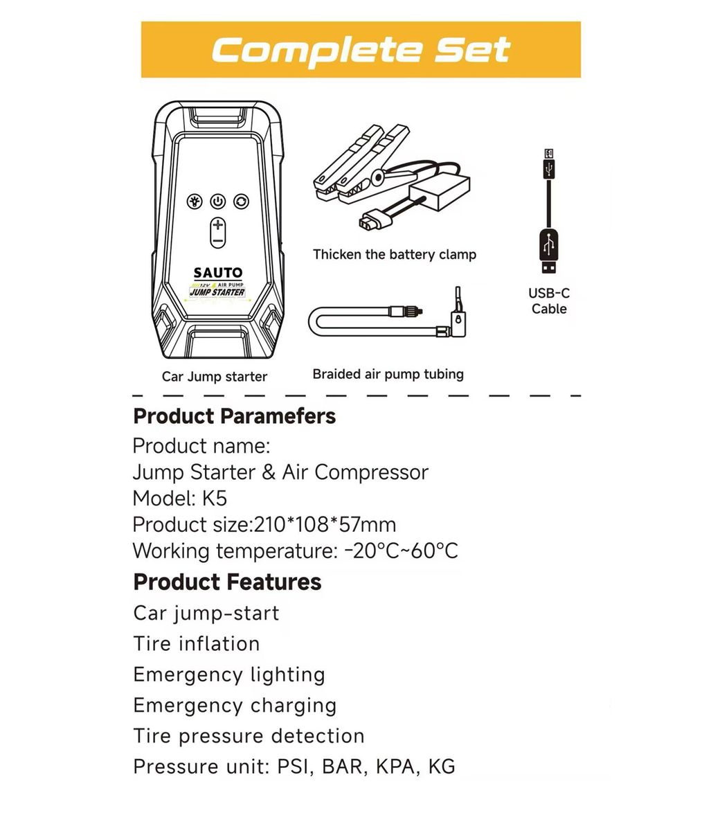 Sauto Smart Emergency Jump Starter Power Supply with Air Compressor, featuring LED light, 10400mAh capacity.