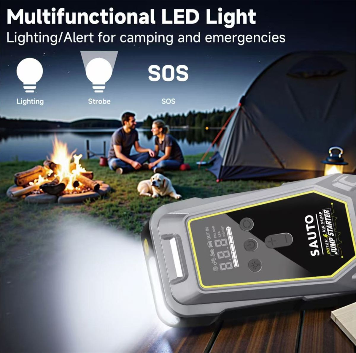 Sauto Smart Emergency Jump Starter Power Supply with Air Compressor, featuring LED light, 10400mAh capacity.