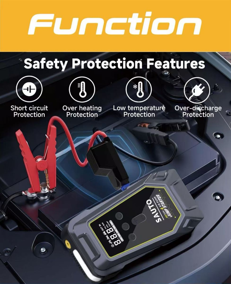 Sauto Smart Emergency Jump Starter Power Supply with Air Compressor, featuring LED light, 10400mAh capacity.