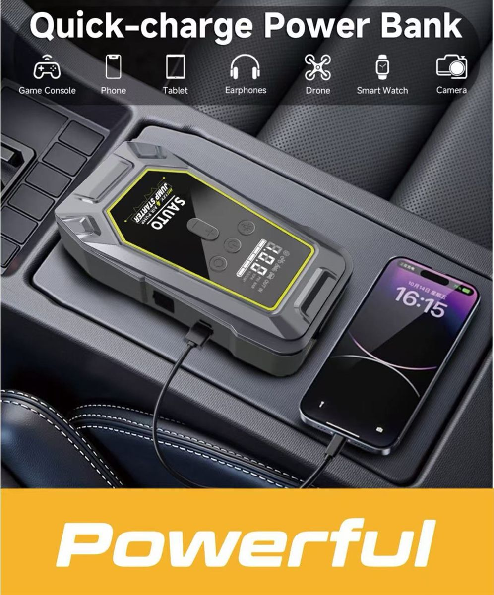 Sauto Smart Emergency Jump Starter Power Supply with Air Compressor, featuring LED light, 10400mAh capacity.