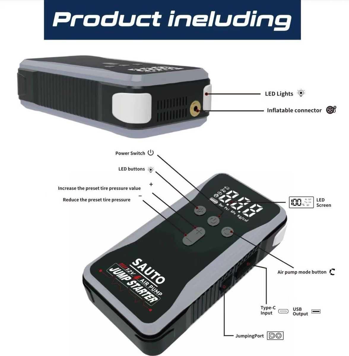 Sauto Smart Jump Starter and Air Compressor with Led Light 10400mAh