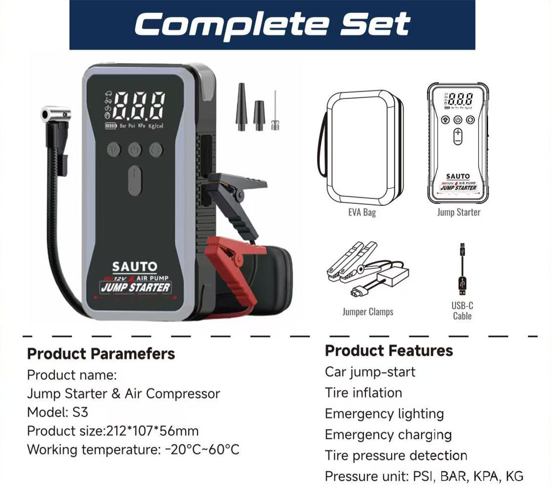 Sauto Smart Jump Starter and Air Compressor with Led Light 10400mAh