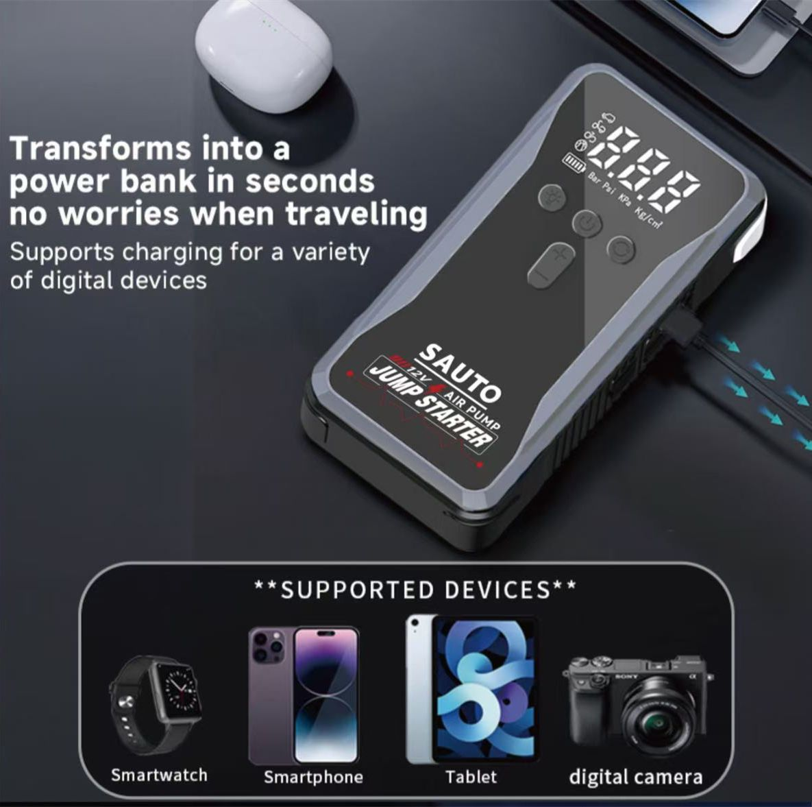 Sauto Smart Jump Starter and Air Compressor with Led Light 10400mAh