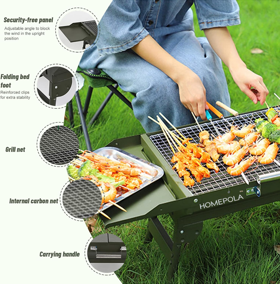 HOMEPOLA Foldable Portable Charcoal Grill, Stainless Steel Grill