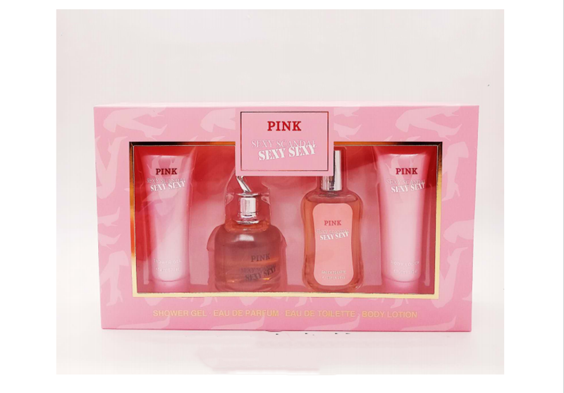 A four-piece women's perfume set, including lotion and cream.