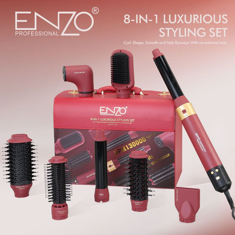ENZO 8-in-1 Detachable Electric Hot Air Comb Set, Model EN-6223, Red