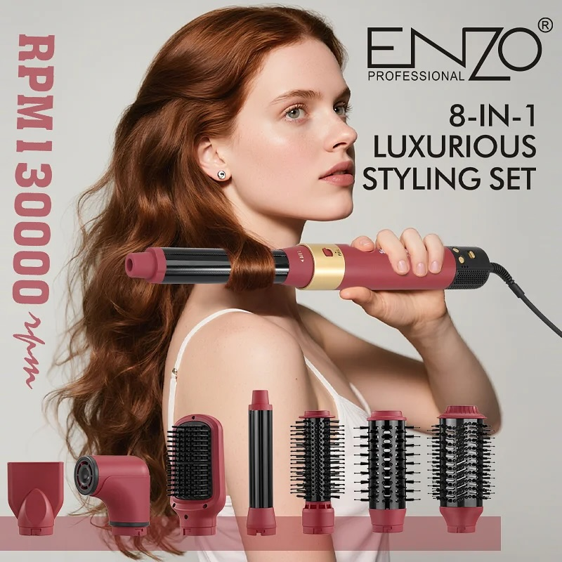 ENZO 8-in-1 Detachable Electric Hot Air Comb Set, Model EN-6223, Red
