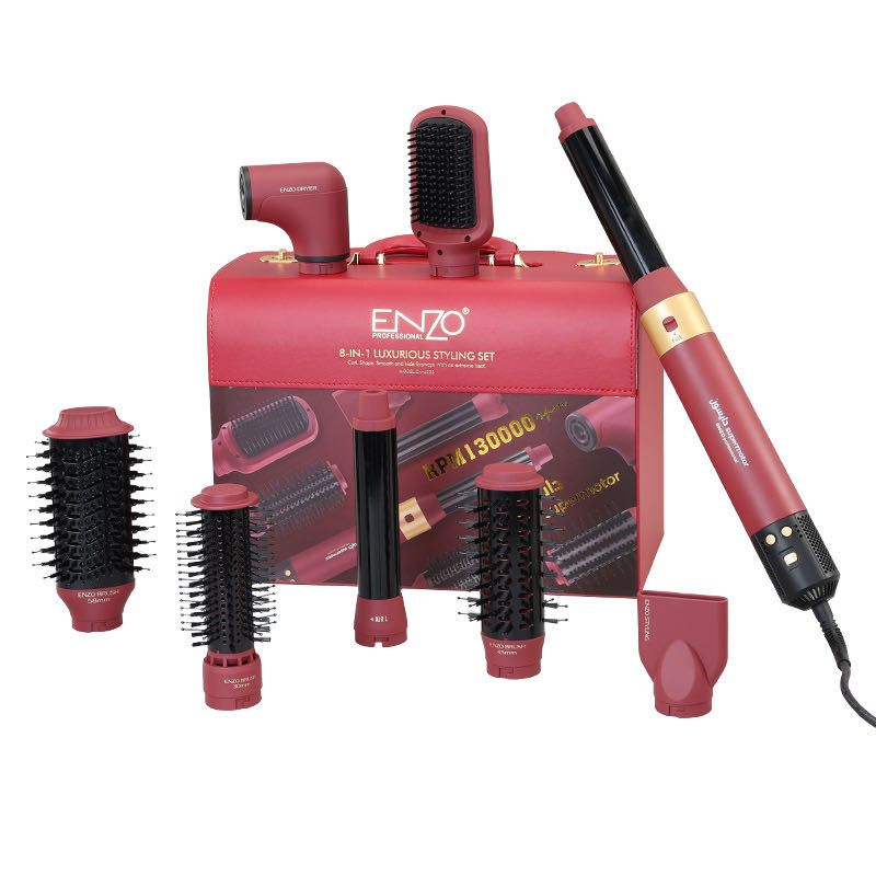 ENZO 8-in-1 Detachable Electric Hot Air Comb Set, Model EN-6223, Red