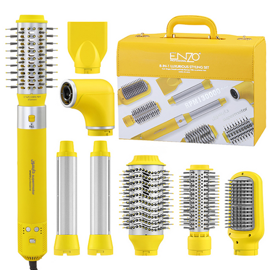 ENZO 8-in-1 Detachable Electric Hot Air Comb Set, Model EN-6223, Yellow