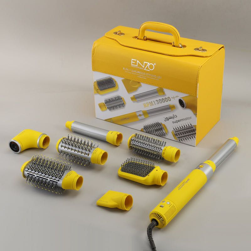 ENZO 8-in-1 Detachable Electric Hot Air Comb Set, Model EN-6223, Yellow