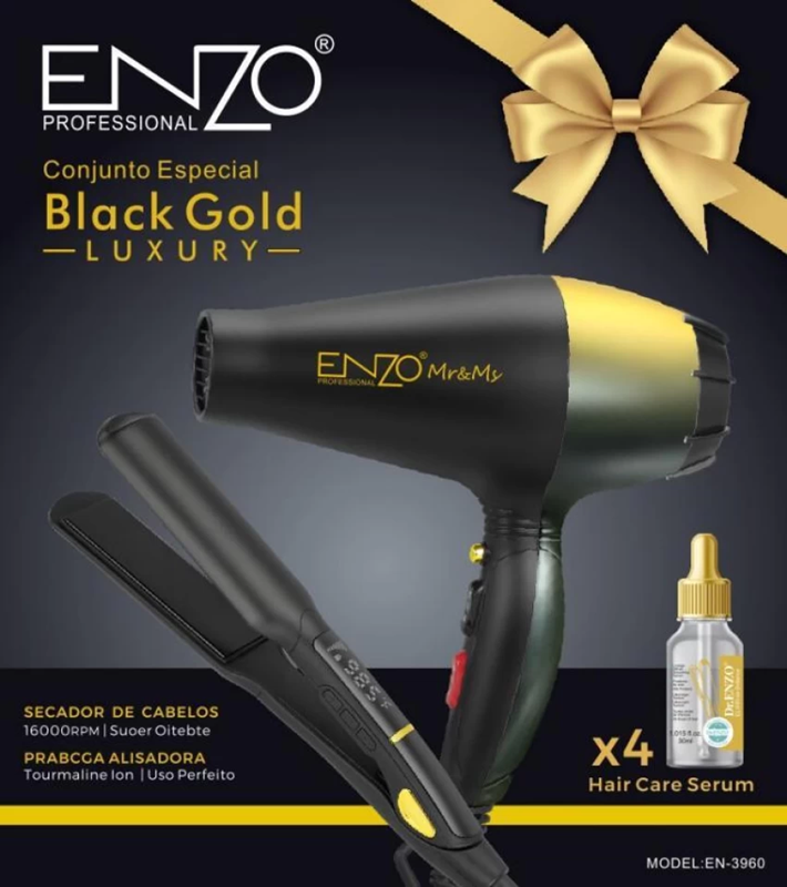ENZO EN-3960 Ionic Hair Dryer + Tourmaline Straightener + 4 Bottles of Nourishing Hair Serum, Professional Styling Set.