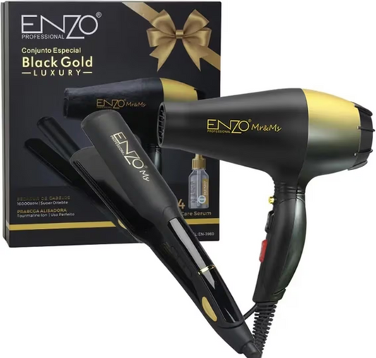 ENZO EN-3960 Ionic Hair Dryer + Tourmaline Straightener + 4 Bottles of Nourishing Hair Serum, Professional Styling Set.