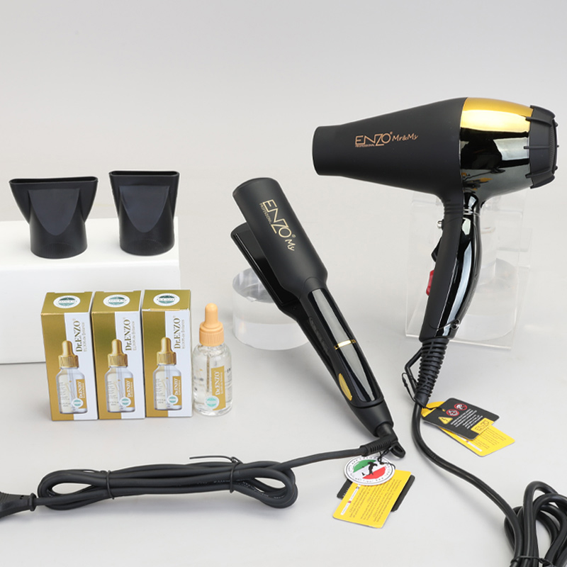 ENZO EN-3960 Ionic Hair Dryer + Tourmaline Straightener + 4 Bottles of Nourishing Hair Serum, Professional Styling Set.